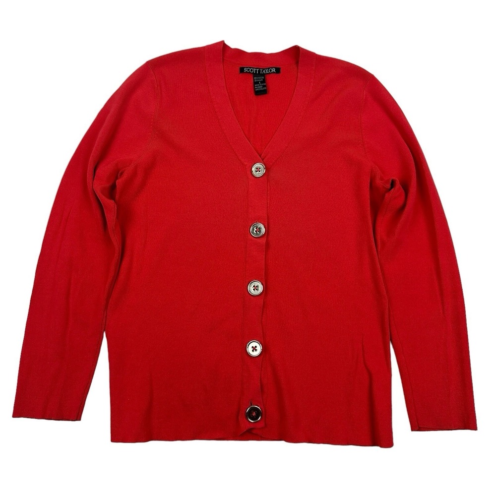 Scott Taylor Coral Tight Knit Cardigan Size L Long Sleeve Viscose Nylon V-Neck